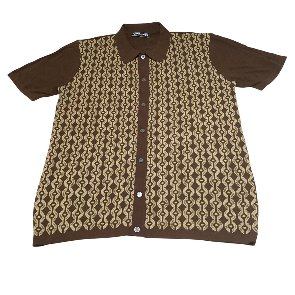 PJ Paul Jones Mens Brown Geometric Knit Button Down Short Sleeve Shirt Large